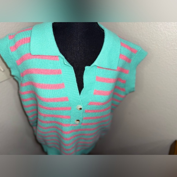 BIBI‎ Turquoise & Pink Striped Henley Sleeveless Sweater Top With Buttons - Picture 3 of 7